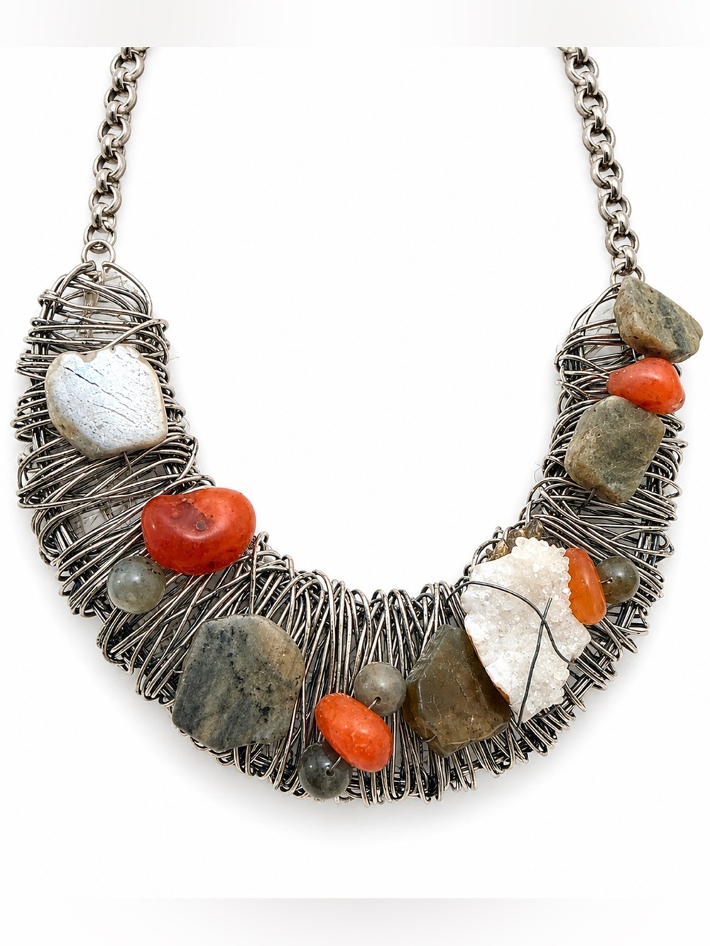 Artisan Wire Wrapped Natural Stone Bib Necklace Boho Mixed Gemstone Silver Tone